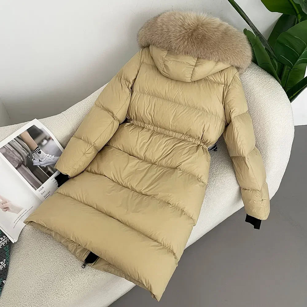 M&T Wear - Luxury Real Fox Fur Hooded White Duck Down Long Coat
