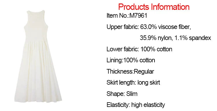 M&T Wear - VIMLY Women White Knit Vest Long Dresses Summer New Simple Elegant Sleeveless Waisted Temperament Party Evening A-Line Dress