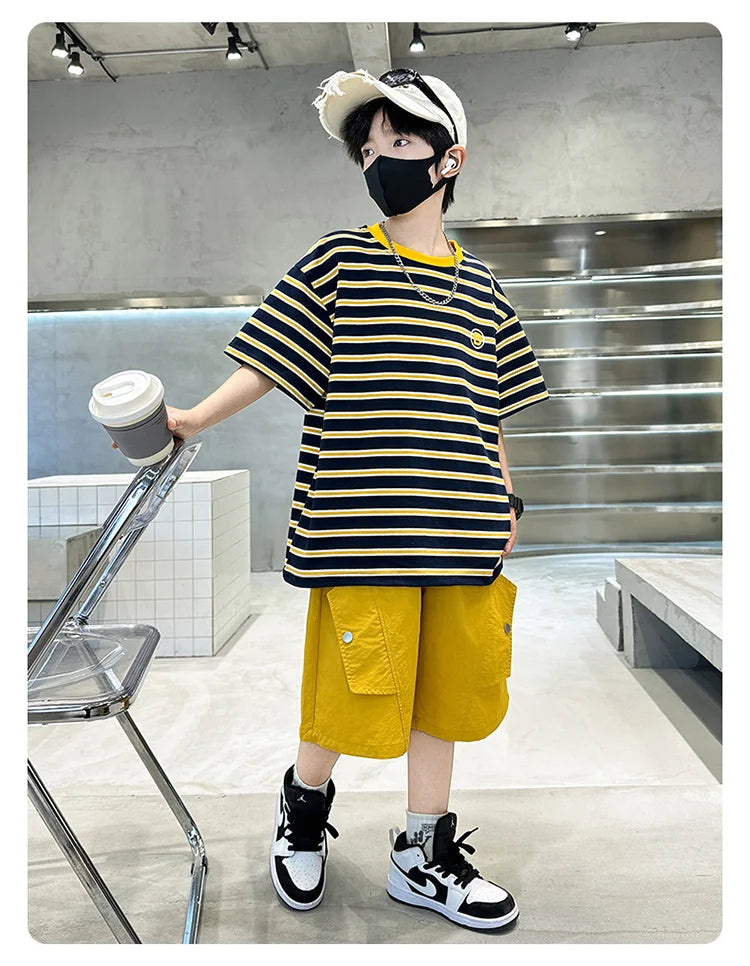 M&T Wear - Kids Striped Summer Suit for Boy with Shorts 2 Piece Cotton Clothing Set Children Top and Bottom Clothes Set Tracksuit Age 5-14Y