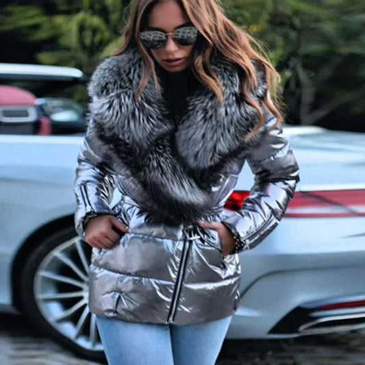 M&T Wear - Winter Coat Women Bright Surface  Large Collar Short Down Cotton Jacket Punk Style Slim