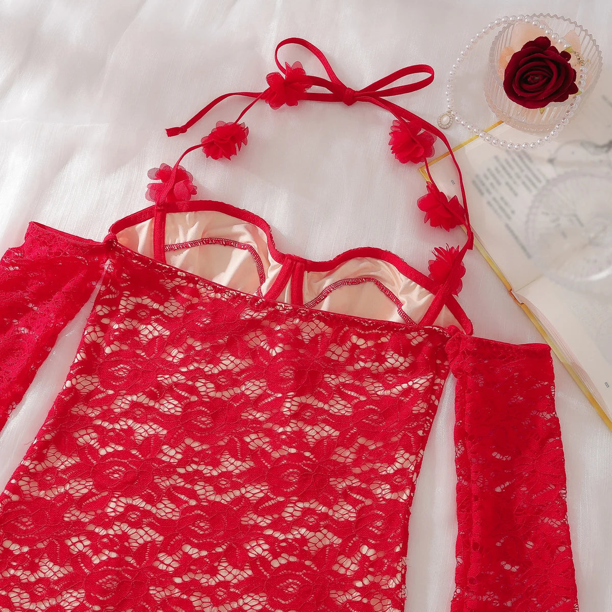 M&T Wear - Fancy Lace Summer Dresses 2025 Flare Sleeve Short Elegant Party Dresses Red Halter FloralLove Luxury Prom Dress