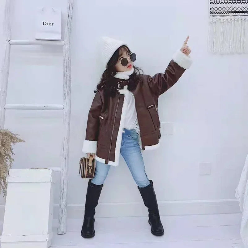M&T Wear - Girls Jacket Leather Motorcycle Kids Coats Fleece Children Jacket Winter Autumn