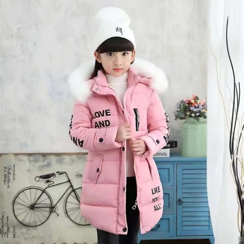 M&T Wear - Winter Warm Jackets for Girls Fashion Fur Hooded Children Girls Waterproof Outwear Kids Cotton Lined Parkas