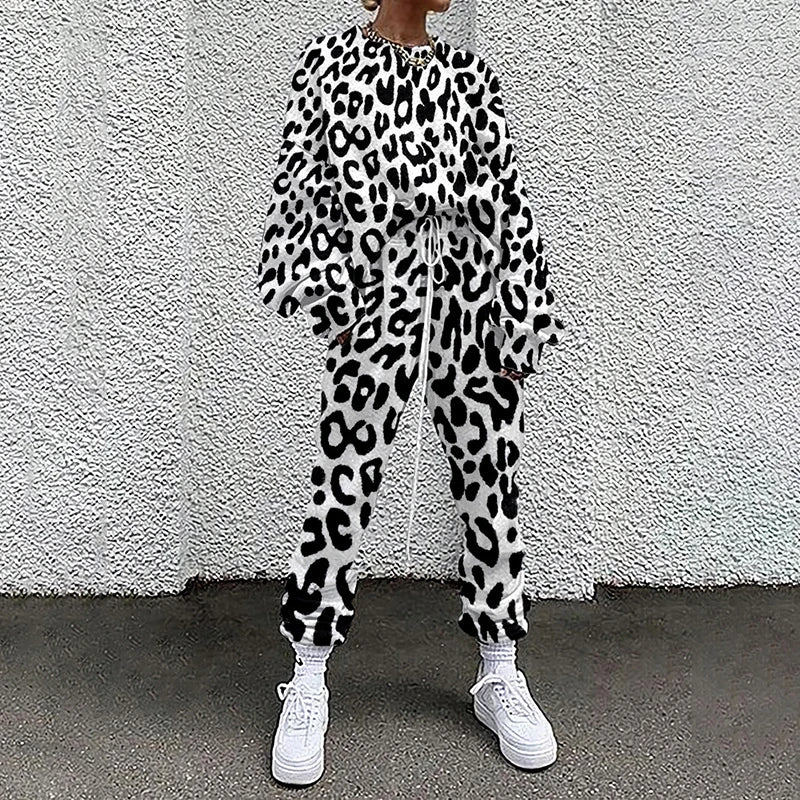 M&T Wear - Women Tracksuit Hipster Street Style Colorful Leopard Printed Casual Full Sleeve O Neck Sweatshirt + Drawstring Pants Two-pieces
