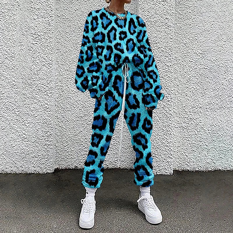 M&T Wear - Women Tracksuit Hipster Street Style Colorful Leopard Printed Casual Full Sleeve O Neck Sweatshirt + Drawstring Pants Two-pieces