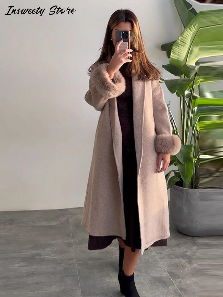 Elegant Solid Long Overcoat Women Turn-down Collar Lace Up Full Sleeve Classic Warm Coat 2025 New Lady Autumn Winter Casual Wear