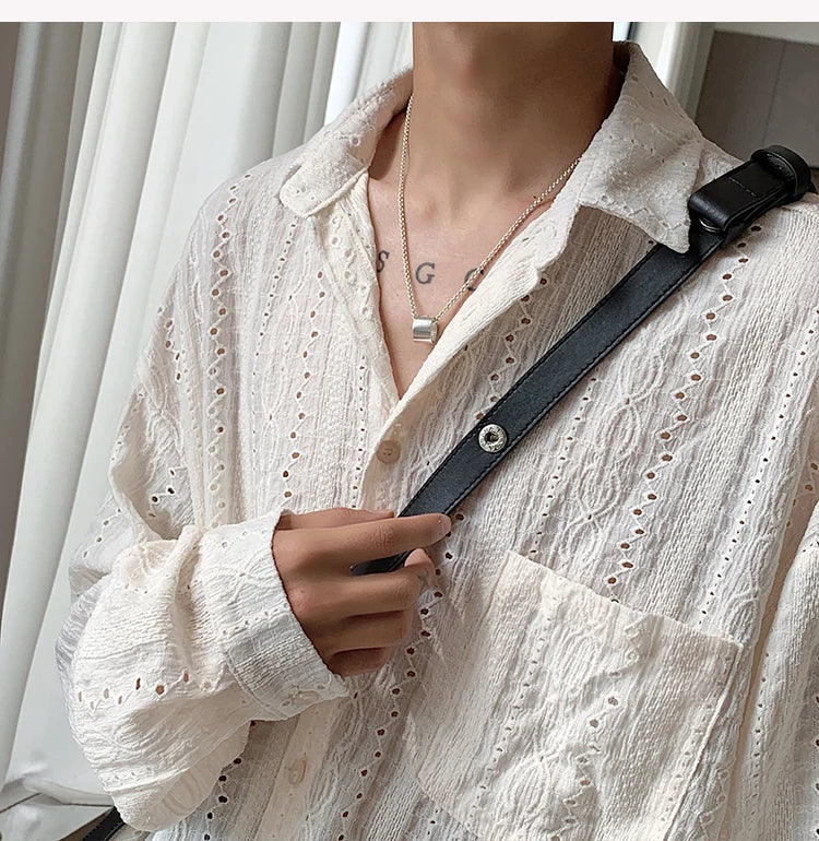 M&T Wear - Shirts for men Apricot Handsome Lapel Men Blouse Vacation Hollow Out Sexy Fashion Men Clothing Male Mesh Long-sleeved Shirts