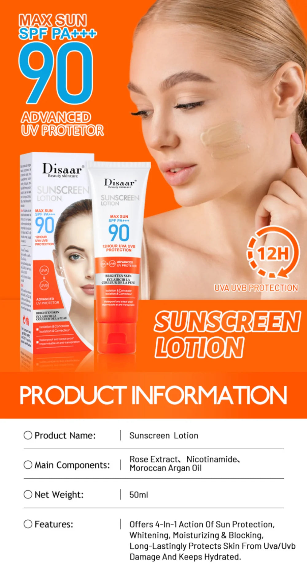 50ml Facial Body Sunscreen Whitening Sun Cream Sunblock Skin Protective Cream Anti-Aging Oil-control Moisturizing SPF 90+++ Face