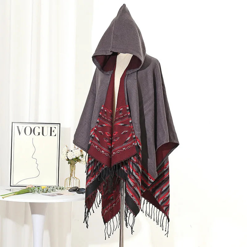 M&T Wear - Winter New Bohemian Shawl Men Ponchos Cashmere Blend Cape Coat Fringe Poncho Vintage Tassel Scarf Hooded Wraps Outwear