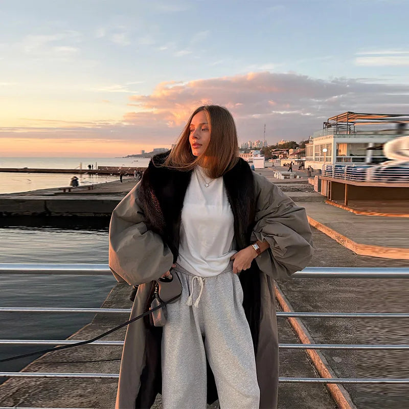 M&T Wear - Oversize Faux Fur Collar Lace-Up Fashion Long Coat