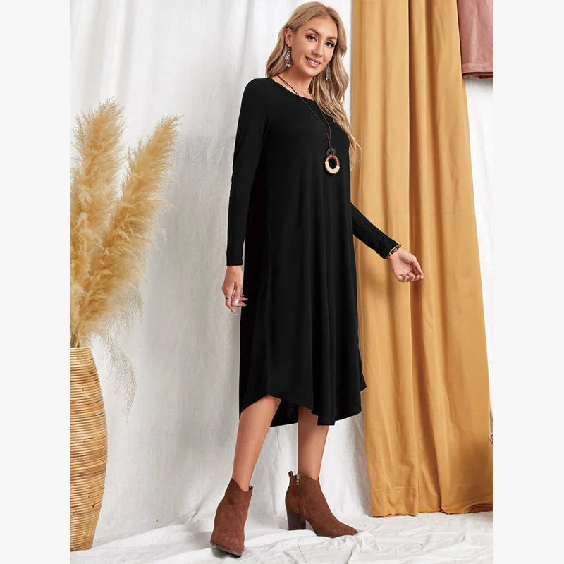 Women's 2025 Fall Winter Knit Dress - Solid Color Swing Dress with Side Pockets, Casual A-Line Tunic Dress