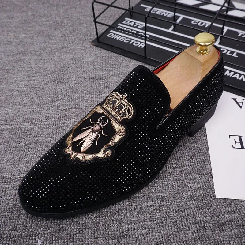 M&T Wear - New Shoes for Men Leather Casual Shoes Luxury Pointed Toe Party Dress Shoes Street Trend Slip-on Rhinestone Crown Loafers