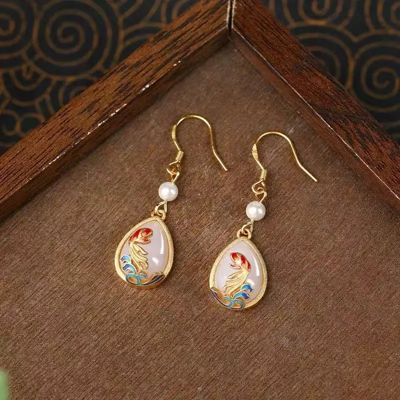 M&T Wear - Vintage Gilded Enamel Water-Drop Jade Earrings