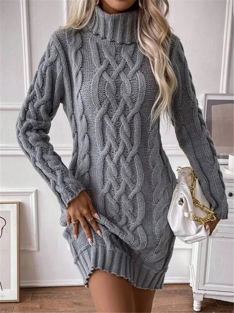 M&T Wear - Simple Slim-Fit High-Neck Mini Sweater Dress