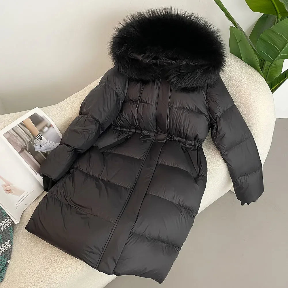 M&T Wear - Luxury Real Fox Fur Hooded White Duck Down Long Coat