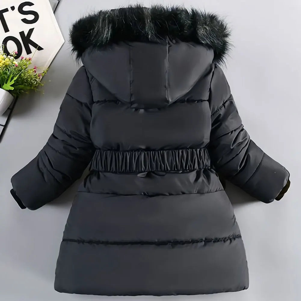 M&T Wear - Children's Winter Jacket Thick Warm Fur Collar Hood Beads Elastic Waist Teens Girls Down Coat,Fashion Windproof Kids Overcoat