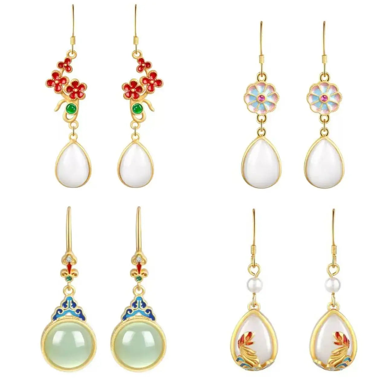 M&T Wear - Vintage Gilded Enamel Water-Drop Jade Earrings