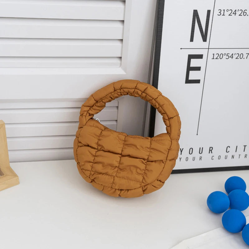 M&T Wear - Fashion Mini Puffer Tote Bag Quilted Circle Phone Purse in Elegant Purple