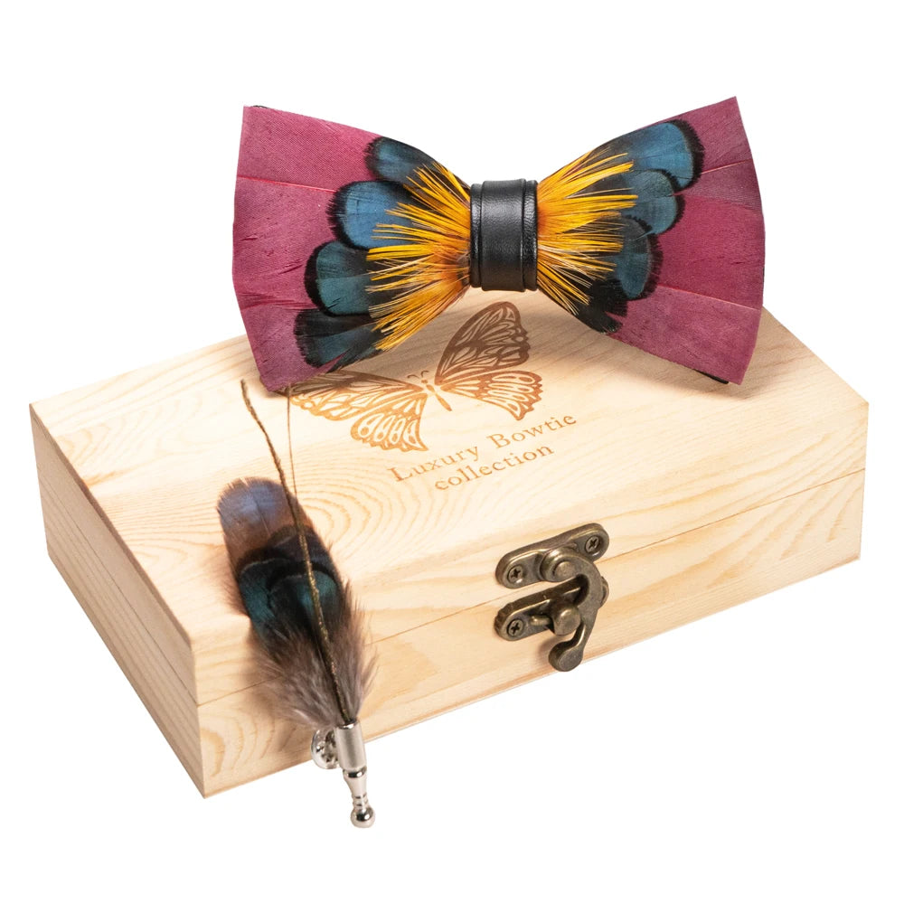 Wedding Bow Tie for Men Classic Burgundy Pre-tied Bowtie brooch wooden box Set for Party Show Butterfly Knot Groom best man Gift