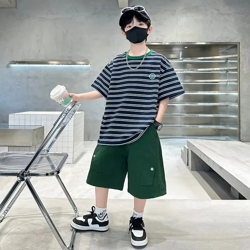 M&T Wear - Kids Striped Summer Suit for Boy with Shorts 2 Piece Cotton Clothing Set Children Top and Bottom Clothes Set Tracksuit Age 5-14Y