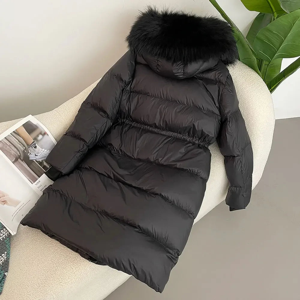 M&T Wear - Luxury Real Fox Fur Hooded White Duck Down Long Coat