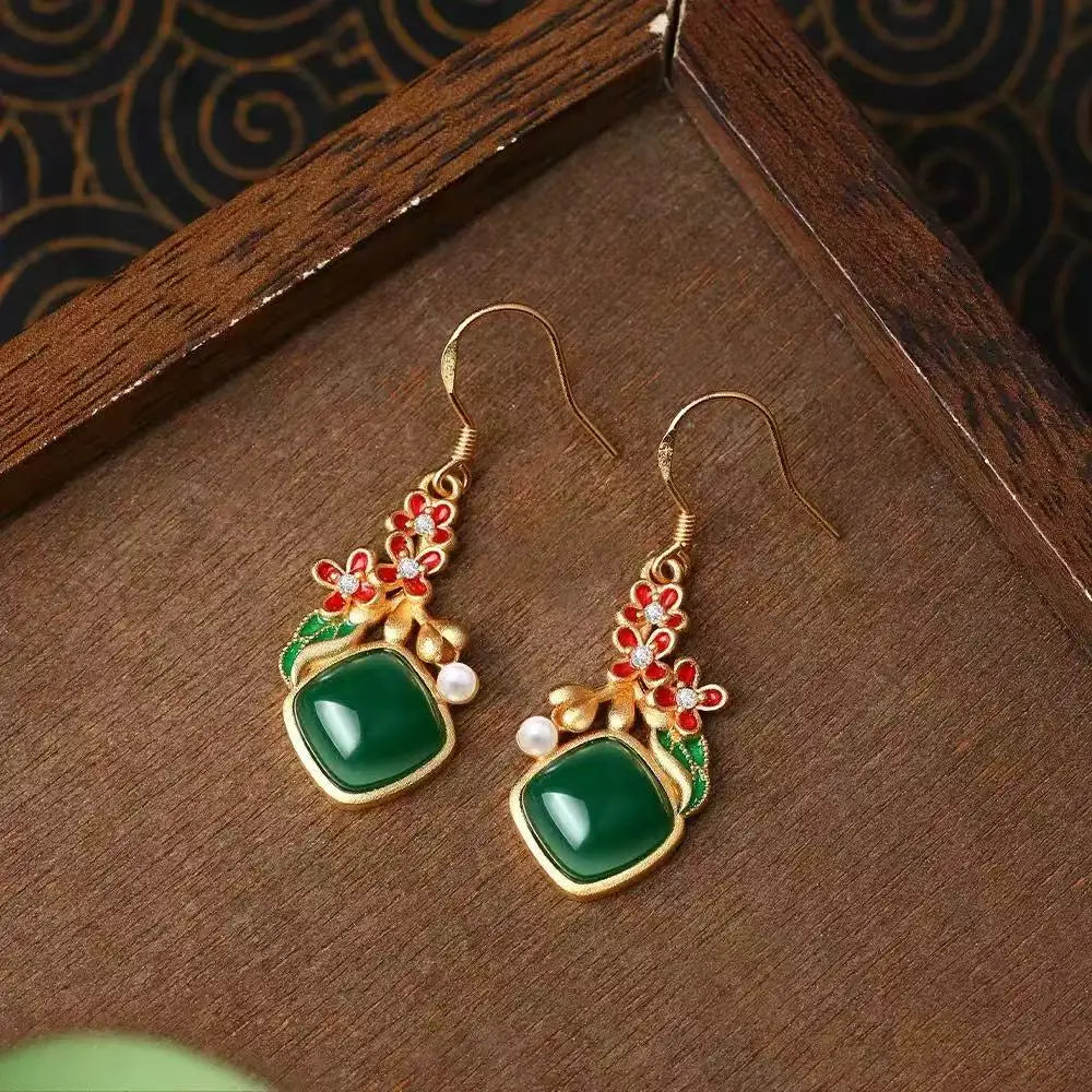 M&T Wear - Vintage Gilded Enamel Water-Drop Jade Earrings