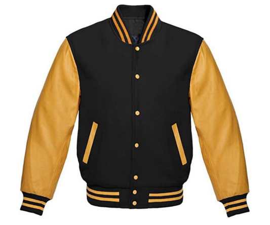 M&T Wear - Wool & Leather Varsity Letterman Black/Gold Jacket (5-Year Cashback Leather Guarantee