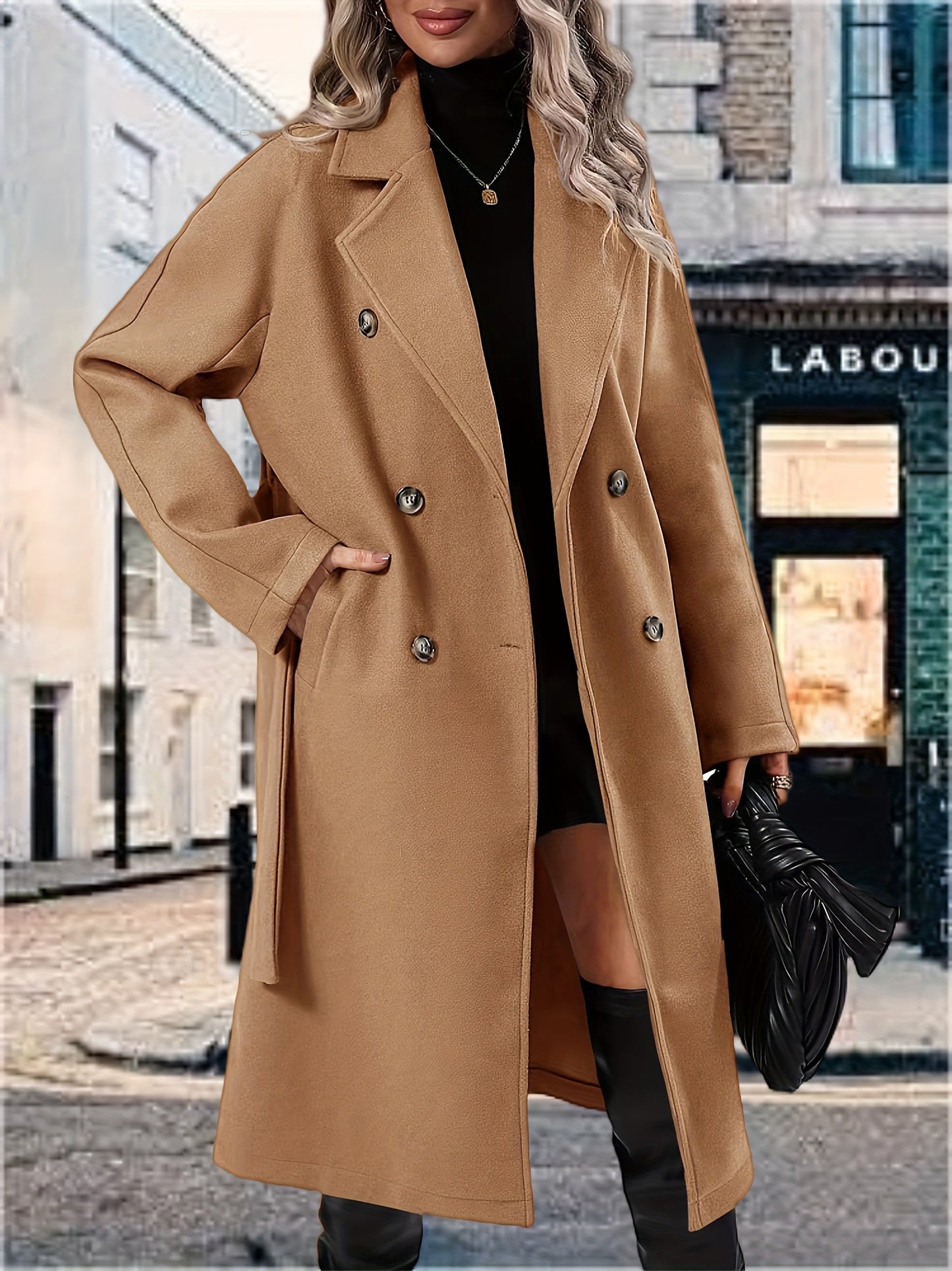 [Mid-Long Elegant Pea Coat Overcoats] Women Elegant Pea Coat Lapel Collar Double Breasted Mid-Long Winter Overcoats With Belted Pockets