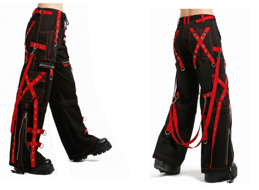 M&T Wear - Red Strap Cross-Detail Gothic Baggy Pants