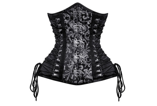 M&T Wear - Brocade & Satin Overbust Corset (Black Scroll)