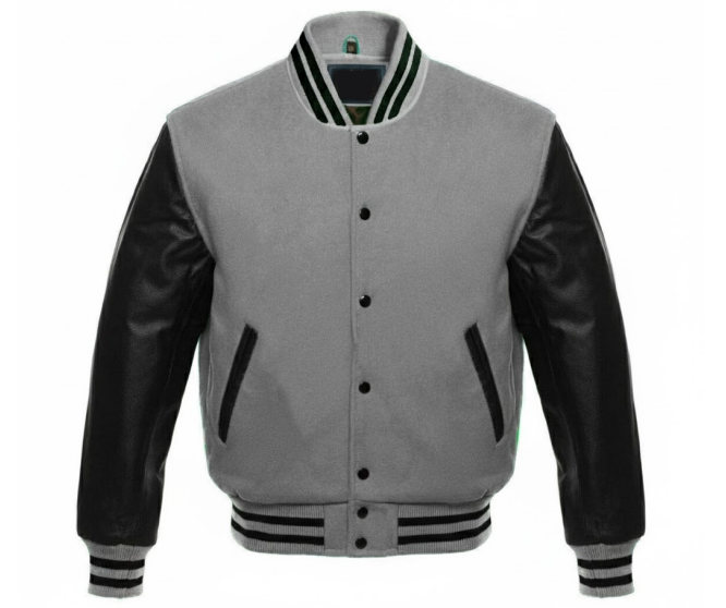 M&T Wear - Wool & Leather Varsity Jacket (Grey/Black) [5-Year Leather Guarantee]