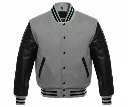 M&T Wear - Wool & Leather Varsity Jacket (Grey/Black) [5-Year Leather Guarantee]