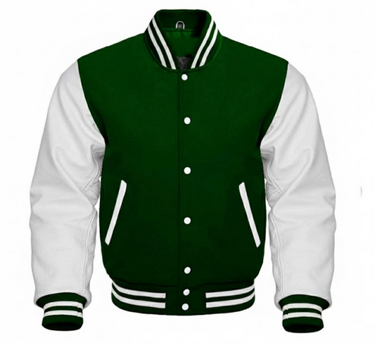 M&T Wear - Wool & Leather Varsity Jacket (Dark Green/White) [5-Year Leather Guarantee]