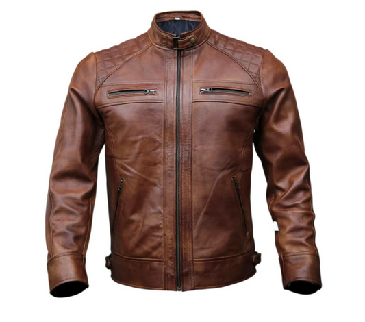 M&T Wear - Classic Tan Brown Quilted Leather Jacket (5-Years Cash Back Leather Guarantee)