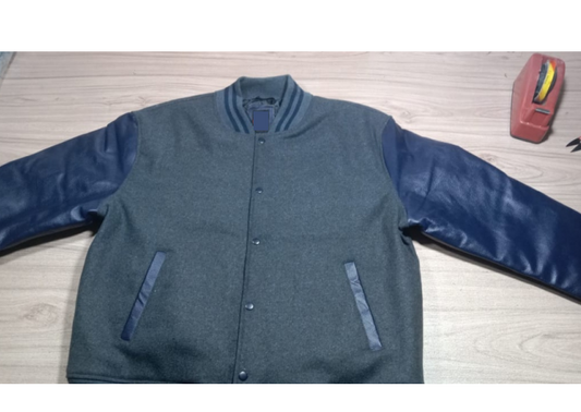 M&T Wear - Wool & Leather Varsity Jacket (Grey/Navy) [5-Year Leather Guarantee]