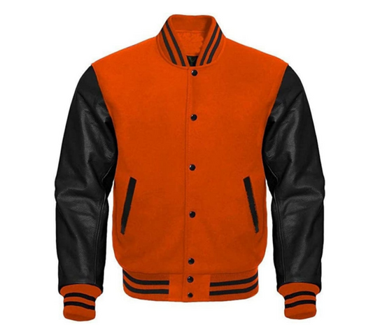 M&T Wear - Wool & Leather Varsity Jacket (Orange/Black) [5-Year Leather Guarantee]